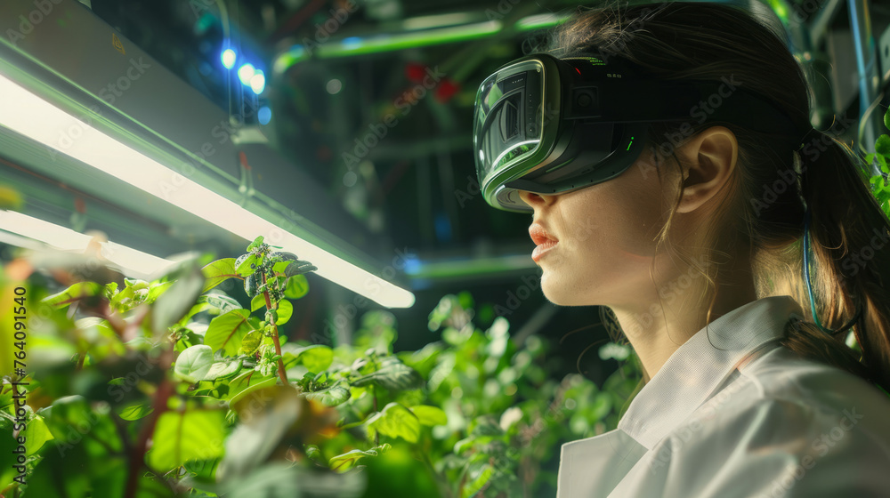 A scientist in a virtual reality headset attentively examines the growth of green plants in a technologically advanced, VR-controlled laboratory setting A scientist in a virtual reality headset attentively examines the growth of green plants in a technologically advanced, VR-controlled laboratory setting