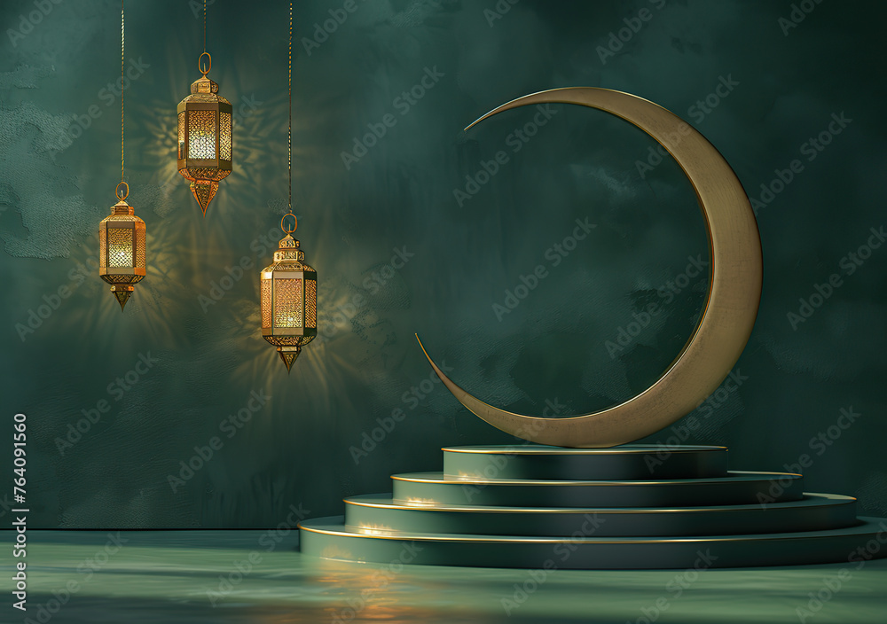 3D rendering of a green background with a golden crescent moon and lanterns hanging on the wall, an empty podium for product display in the style of a Ramadan Islamic celebration concept.