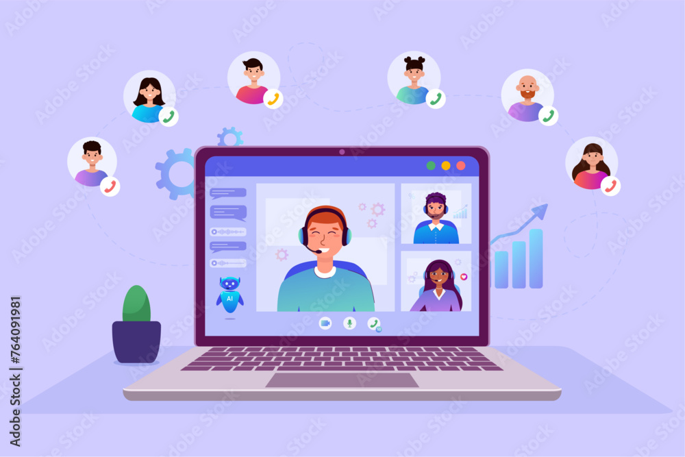 Illustration of a collective virtual team call or group video conference with clients and colleagues. Meeting. Call center working with clients. AI helps with work Illustration of a collective virtual team call or group video conference with clients and colleagues. Meeting. Call center working with clients. AI helps with work