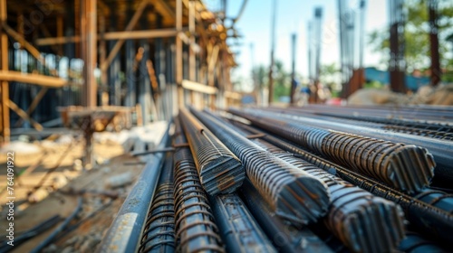 A large pile of steel rebars stacked high on a construction site, ready to be used for building reinforcement