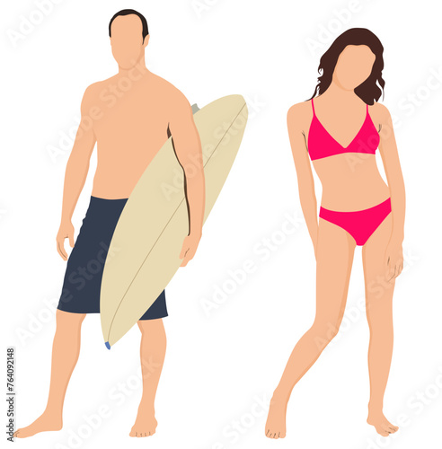 Man and woman in swimwear and surfing board