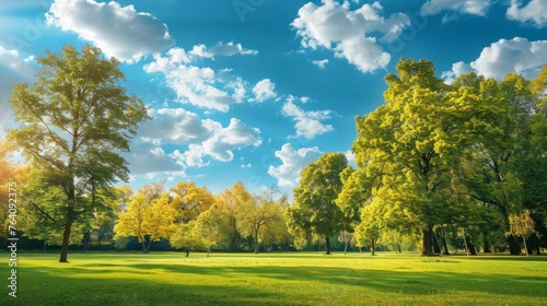 beautiful park with robust trees with a beautiful blue sky with clouds and a green meadow in high resolution