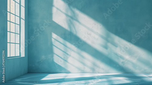 light blue studio background with window shade from the sun