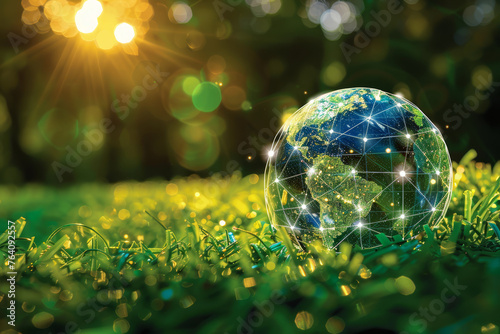 Digital network graphics superimposed on a lush grass background, symbolizing global connectivity and eco-technology..
