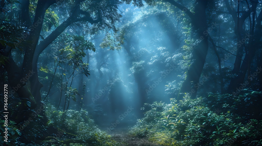 Mystical Forest with Sunrays and Glowing Fireflies