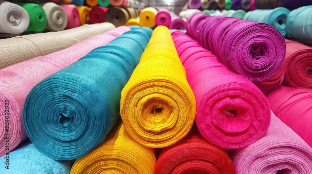 A vibrant assortment of fabric rolls stacked in a shop, showcasing a variety of colors and textiles for different sewing projects A vibrant assortment of fabric rolls stacked in a shop, showcasing a variety of colors and textiles for different sewing projects