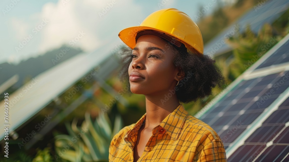 African american woman technician installing solar panels on a roof, setting up photovoltaic solar panel system, sustainable energy home concept, maintenance, clean energy power nature