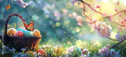 Easter background with colorful eggs in a basket on green grass, cherry blossoms and a butterfly, sunlight and a bokeh effect Generative AI