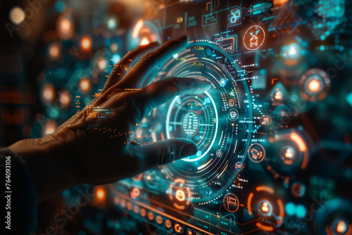 A hand appears to manage a complex digital network with glowing connections, illustrating concepts of cyber security and data management..