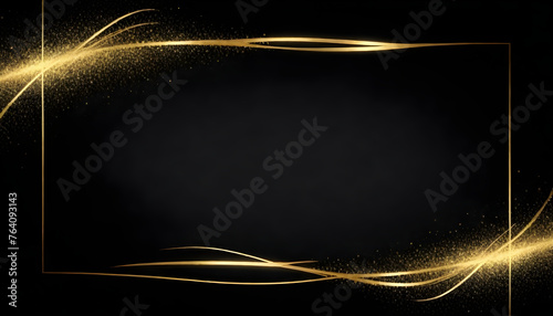 gold empty frame, bokeh lights on dark blue, black background, sparkling sparklers, festive party background, greeting card template