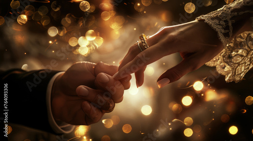 Delicate fingers receive a wedding ring, encapsulating a moment of union and promise. © MP Studio