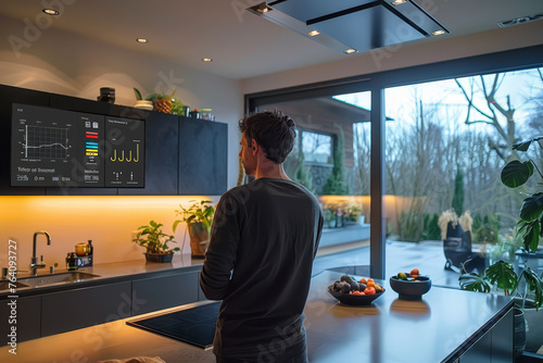 A person engages with an advanced smart kitchen dashboard, controlling various home functions for a seamless living experience..
