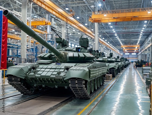 A row of new green military tanks lined up in a large industrial factory hall.