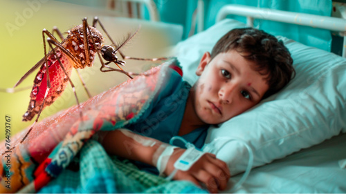 A mosquito transmits dengue, yellow fever, chikungunya, zika or malaria, leaving a child ill. They lie in a hospital bed with an IV as doctors monitor their viral condition from the mosquito-borne