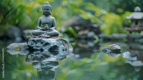 Zen statue on the river, quiet place background, calm slide