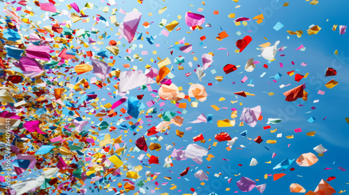 Colorful confetti is scattered in the air against a blue background.