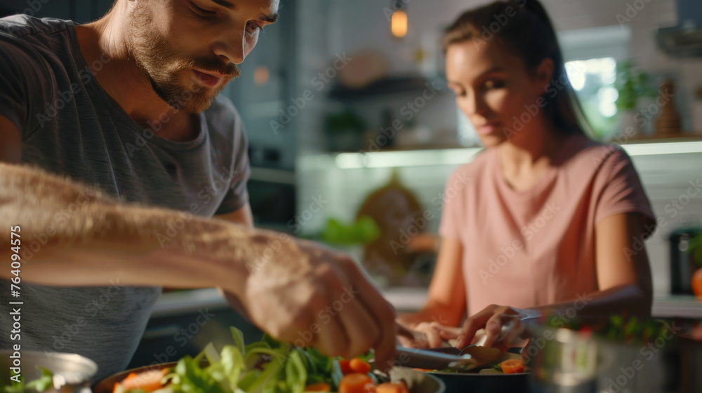 A man and a woman are preparing food together in a modern kitchen. A man and a woman are preparing food together in a modern kitchen.