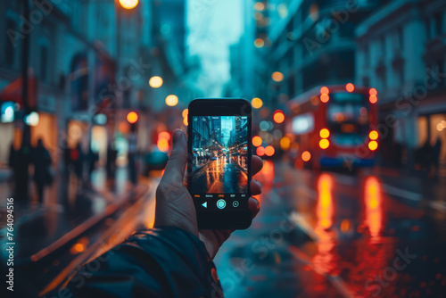 Hands framing a vibrant city street at night with festive lights via a smartphone camera, capturing the urban glow.. © bajita111122