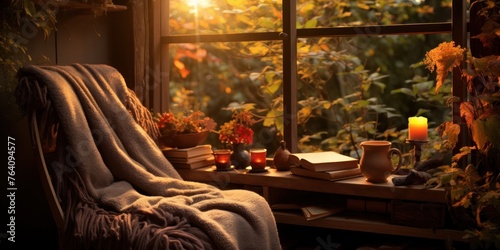 Chair With Blanket in Front of Window in Autumn Generative AI