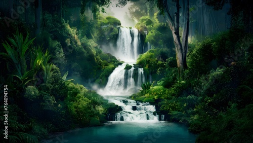 Enchanting waterfall cascades through the depths of a lush forest © Jawed Gfx
