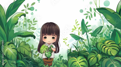 Menina com plantas verdes no estilo chibi - Ilustração fofa photo