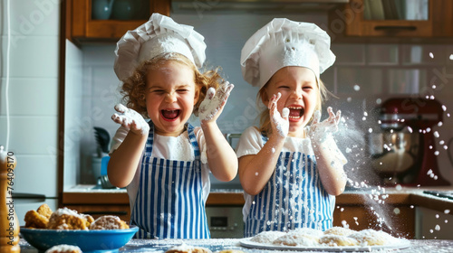Two children in chef attire exult in a flour-filled baking session.