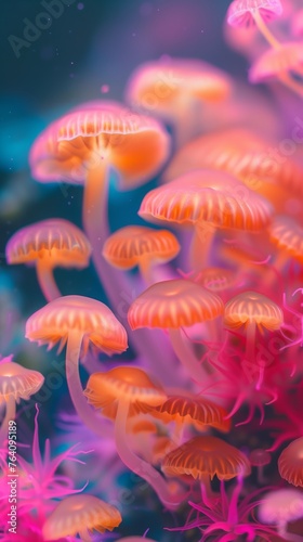 neon glow from vibrant mushrooms in the forest with serene water droplets