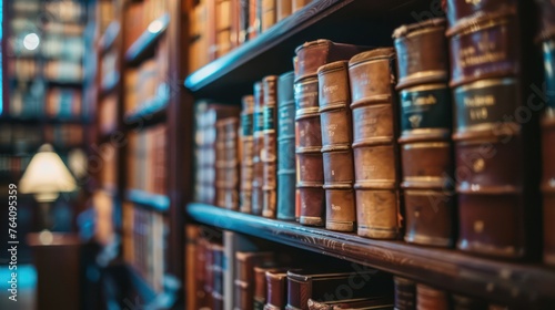 A nostalgic image of aged leather-bound books arrayed on a wooden shelf in a traditional library setting, evoking the charm of old-world literature photo