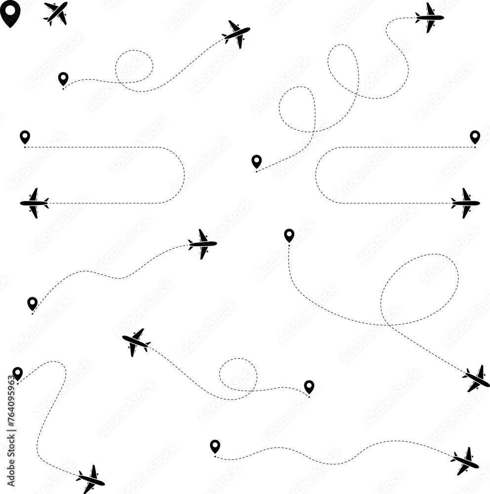 Airplane line path vector icon of air plane flight route with start point and dash line trace - vector illustration Airplane line path vector icon of air plane flight route with start point and dash line trace - vector illustration