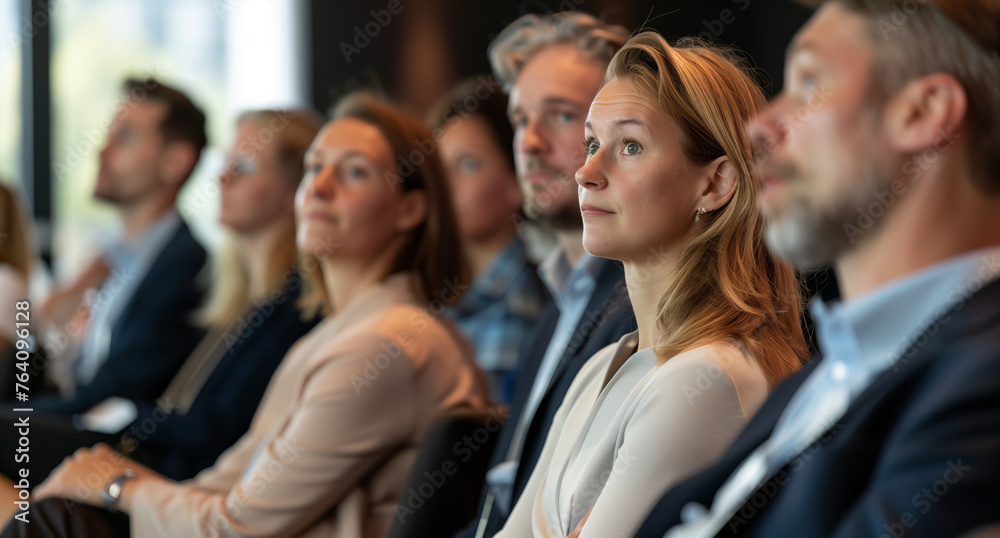 A diverse group of individuals are seated next to each other, engaging in conversation or listening attentively. A diverse group of individuals are seated next to each other, engaging in conversation or listening attentively.