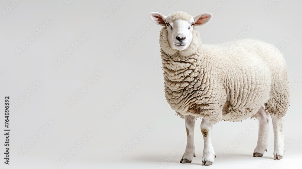 Fototapeta premium A full-bodied sheep looks directly at the camera, showcasing its thick fleece and attentive expression against a clean white backdrop