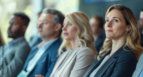 A diverse group of individuals sit closely together in a business conference setting.