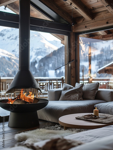 Modern charlet in the mountains with panoramic views and snow in the background