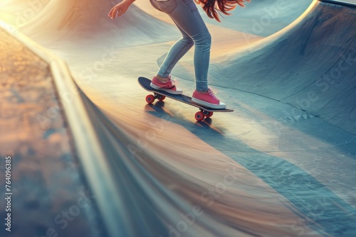 Urban girl having fun riding skateboard at skate park. Freedom and youthfulness mood. Children and youth sport. photo