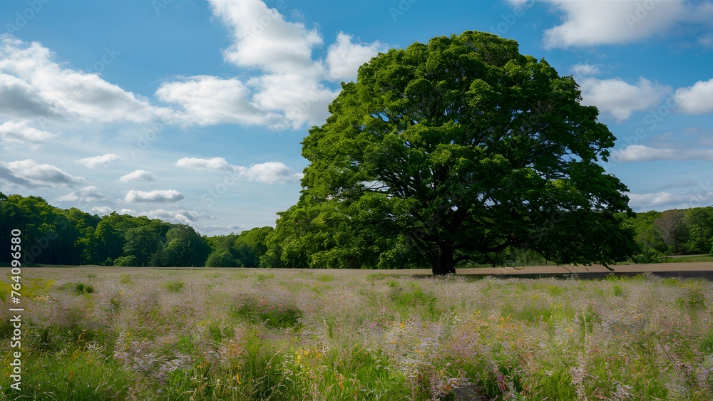 Lush meadow blooms with life, anchored by a majestic green tree Lush meadow blooms with life, anchored by a majestic green tree