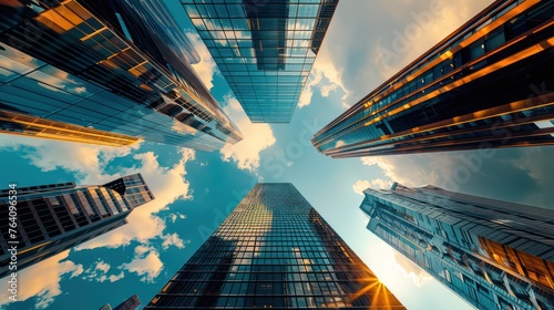 A dynamic perspective looking up towards towering skyscrapers with a vivid blue sky, invoking notions of ambition and urban growth