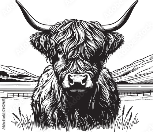 Highland cow detailed silhouette hand drawn vector