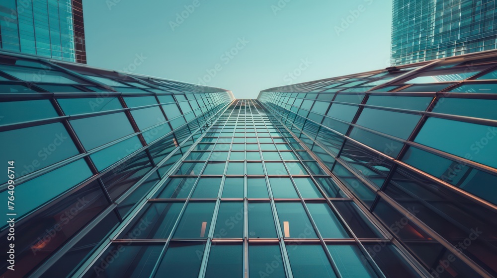 Obraz premium A vertical, low angle perspective capture of impressive skyscrapers with a focus on geometric patterns and a vast sky The image presents a sense of ambition and human achievement through architecture