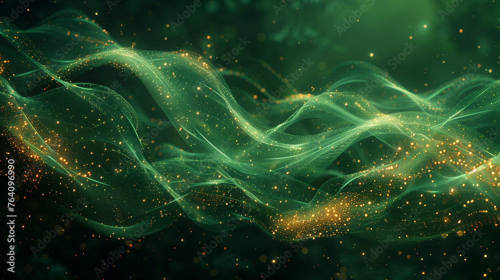 A green wave with gold sparkles