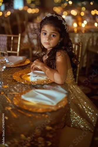 Portrait of a child at a celebration. The dominant shades of the background are golden yellow.