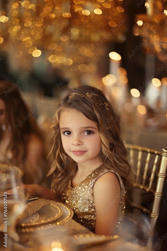 Portrait of a child at a celebration. The dominant shades of the background are golden yellow. Portrait of a child at a celebration. The dominant shades of the background are golden yellow.