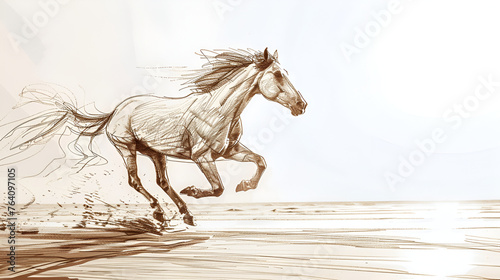 A sketch drawing of a horse running on the beach