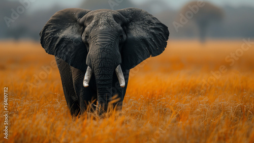 A large elephant is standing in a field of tall grass