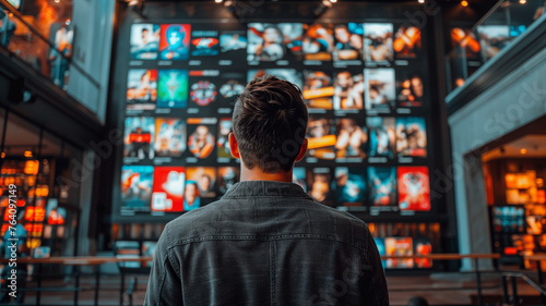 A man is standing in front of a large screen with many movie posters on it © CtrlN