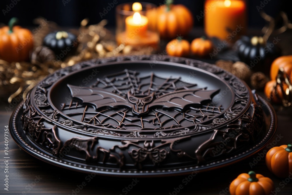 Black Plate With Spider Web Design Generative AI Black Plate With Spider Web Design Generative AI