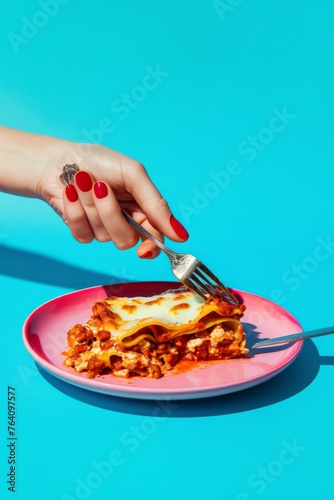 pop style food illustration of a female hand with red nails holding a knife to eat a lasagna in apink plate, blue vibrant minimal background photo