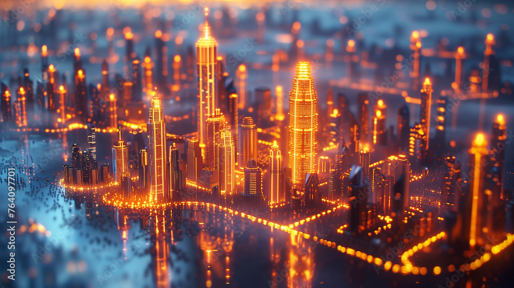 Obraz premium A cityscape with tall buildings lit up in orange