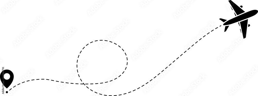 Airplane line path vector icon of air plane flight route with start point and dash line trace - vector illustration Airplane line path vector icon of air plane flight route with start point and dash line trace - vector illustration