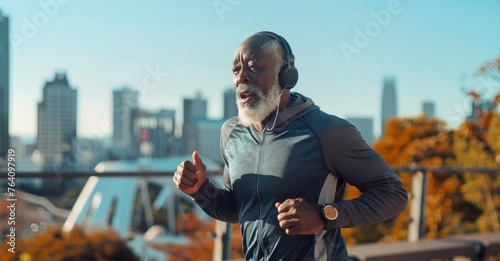 street style picture of an old black afro american man white bearded wearing headphones running in the city streets with skyline, buildings and skyscrapers