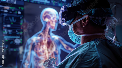 A surgeon with VR headgear analyzes a 3D holographic projection of human anatomy for medical study and surgical training